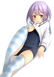 Rule 34 | 1girl, black one-piece swimsuit, brown eyes, closed mouth, clothes lift, commentary request, feet out of frame, highres, knee up, long sleeves, looking at viewer, lying, old school swimsuit, on back, one-piece swimsuit, original, purple hair, sailor collar, school swimsuit, school uniform, serafuku, shadow, shibacha, shirt, shirt lift, simple background, sleeves past wrists, solo, striped clothes, striped thighhighs, swimsuit, swimsuit under clothes, thighhighs, tongue, tongue out, two side up, white background, white sailor collar, white shirt