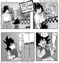 Rule 34 | 1girl, 2boys, artist name, belt, bracelet, chinese clothes, coffee pot, comic, commentary, curly hair, dragon ball, dragon ball super, employee uniform, english commentary, english text, eyeshadow, fast food uniform, father and son, greyscale, grin, hand grab, highres, jewelry, lipstick, makeup, monochrome, multiple boys, open mouth, pointing, pointing at self, sign, smile, son goku, son goten, thumbs up, uniform, waitress, whirlydoodle