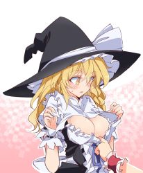 Rule 34 | 2girls, alice margatroid, black hat, blonde hair, blush, braid, breasts, cleavage, clothes pull, commentary request, dress, dress pull, frilled sleeves, frills, hair ornament, hat, hat ribbon, highres, ichimura kanata, kirisame marisa, long hair, looking at viewer, medium breasts, multiple girls, out of frame, puffy short sleeves, puffy sleeves, ribbon, scrunchie, short sleeves, side braid, simple background, single braid, solo, standing, sweatdrop, touhou, upper body, wavy hair, white background, white dress, witch hat, wristband, yellow eyes