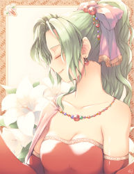 Rule 34 | 1girl, bad id, bad pixiv id, bare shoulders, bow, breasts, cleavage, closed mouth, collarbone, detached sleeves, earrings, closed eyes, final fantasy, final fantasy vi, flower, green hair, hair bobbles, hair bow, hair intakes, hair ornament, jewelry, kano hito, leaf, lily (flower), long hair, long sleeves, medium breasts, ponytail, purple bow, smile, solo, strapless, tina branford, upper body, wavy hair, white flower