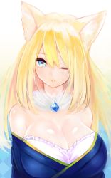 Rule 34 | 1girl, animal ear fluff, animal ears, bad id, bad pixiv id, bare shoulders, blonde hair, blue eyes, breasts, cleavage, detached collar, fox ears, hutaba aoi, large breasts, long hair, looking at viewer, nanashin naomi, one eye closed, original, simple background, solo, upper body
