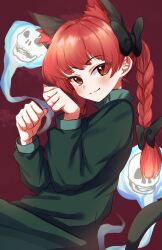 Rule 34 | 1girl, :3, animal ear fluff, animal ears, black bow, blush, bow, braid, cat ears, cat tail, clenched hand, extra ears, ghost, highres, hitodama, kaenbyou rin, paw pose, pocchari, red background, red eyes, red hair, simple background, skull, smile, tail, touhou, twin braids