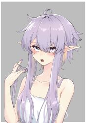 Rule 34 | 1girl, alternate costume, bare shoulders, blush, camisole, hand in own hair, hand up, highres, open mouth, pointy ears, purple eyes, purple hair, short hair with long locks, solo, strap slip, upper body, vocaloid, voiceroid, white camisole, yuzuki yukari, zooanime