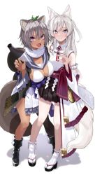 Rule 34 | 2girls, :d, animal ears, black footwear, black legwear, black skirt, blue eyes, blush, boots, breasts, cleavage, commentary request, cross-laced footwear, dark-skinned female, dark skin, fangs, fox shadow puppet, gomashi (goma), grey hair, grey sailor collar, grin, lace-up boots, leaf, leaf on head, long hair, long sleeves, looking at viewer, medium breasts, multiple girls, obi, open mouth, original, pleated skirt, raccoon ears, raccoon girl, raccoon tail, ribbon-trimmed legwear, ribbon trim, sailor collar, sandals, sash, shadow, shide, single leg pantyhose, skirt, smile, socks, standing, tail, two side up, v-shaped eyebrows, white background, white legwear, wide sleeves, zouri
