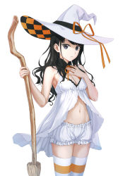 Rule 34 | 1girl, :o, babydoll, bare arms, bare shoulders, black eyes, black hair, bloomers, breasts, broom, checkered clothes, checkered headwear, cleavage, detached collar, frills, hat, hat ornament, hat ribbon, highres, holding, holding broom, idolmaster, idolmaster shiny colors, kazano hiori, looking at viewer, mole, mole under eye, navel, neck ribbon, orange ribbon, parted lips, ribbon, small breasts, solo, stomach, striped clothes, striped thighhighs, thighhighs, tuchinokoeffect, underwear, underwear only, white hat, witch hat