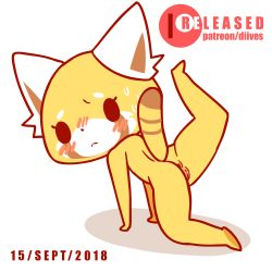 Rule 34 | 10s, 1girl, aggressive retsuko, all fours, animal ears, animated, animated gif, anus, artist name, ass, barefoot, black eyes, blush, cleft of venus, dated, diives, english text, female focus, from behind, full body, furry, furry female, leg up, looking at viewer, looking back, nose blush, nude, open mouth, patreon logo, patreon username, pussy, red panda, retsuko, simple background, solo, sweat, tail, uncensored, watermark, white background, yoga