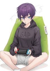 Rule 34 | 1girl, baggy clothes, black hoodie, blue eyes, blue nails, cigarette, copyright request, earrings, fingernails, grey shorts, hair between eyes, highres, hood, hood down, hoodie, indian style, jewelry, long sleeves, looking at viewer, masuo, mouth hold, nail polish, nintendo switch, purple hair, short hair, shorts, sitting, smoke, smoking, solo
