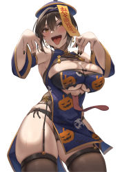 Rule 34 | 1girl, absurdres, bare shoulders, black garter straps, black nails, blue headwear, blush, breasts, brown thighhighs, detached sleeves, garter straps, hands up, highres, jiangshi costume, large breasts, long sleeves, looking at viewer, momo no sukebe, nail polish, open mouth, original, pumpkin print, short hair, skindentation, smile, solo, thighhighs, thighs, tongue, tongue out, white background
