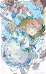 ! !? 1girl ? absurdres apron arm_up armband bandages bandaid bandaid_on_knee bandaid_on_leg black_bow black_shirt blue_background blue_dress blue_hat blue_sleeves blush_stickers border bow brown_eyes brown_hair chinese_commentary circle_skirt commentary_request commission cross cross_print cup dot_nose dress floating_hair foot_out_of_frame frilled_apron frilled_socks frills gradient_background grey_ribbon hair_bow hair_intakes hair_ornament hairclip hat highres holding holding_tray kneehighs leg_up long_sleeves looking_at_object medium_hair nurse_cap open_mouth original outside_border pill ribbon_legwear sample_watermark sanse_haiyan_baomihua shirt short_dress sleeves_past_fingers sleeves_past_wrists socks solo spoken_exclamation_mark spoken_question_mark stuffed_animal stuffed_toy syringe tareme teddy_bear toothpaste tray turtleneck turtleneck_shirt two-tone_sleeves two_side_up vertical-striped_sleeves watermark weibo_watermark white_apron white_armband white_background white_border white_sleeve_cuffs white_sleeves white_socks