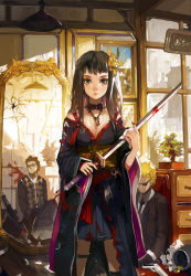 Rule 34 | 1girl, alchemaniac, blood, blood on clothes, broken mirror, brown eyes, brown hair, choker, flower, formal, gun, hair ornament, hairpin, highres, holding, holding sword, holding weapon, jacket, japanese clothes, jewelry, katana, kimono, long hair, looking at viewer, mirror, necktie, original, robe, scenery, short kimono, suit, sunglasses, sword, thighhighs, weapon