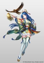 Rule 34 | 1girl, akkrs, bird, blue hair, company name, feathered wings, full body, green eyes, grey background, gyakushuu no fantasica, hawk, japanese clothes, long hair, official art, sandals, simple background, solo, teeth, thighhighs, very long hair, wings