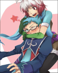 Rule 34 | 1boy, 1girl, bad id, bad pixiv id, blue eyes, blue hair, blue shirt, glasses, gradient hair, hetero, hubert ozwell, hug, hug from behind, multicolored hair, pascal (tales), red eyes, red hair, scarf, shirt, tales of (series), tales of graces, two-tone hair, white hair, you (kimito)