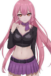 Rule 34 | akuma no riddle, arm behind back, belt, black belt, black jacket, breasts, cleavage, collarbone, commentary, cowboy shot, crop top, drill hair, drill sidelocks, eyebrows hidden by hair, grin, hair between eyes, hand in own hair, hand up, highres, inukai isuke, jacket, large breasts, long hair, long sleeves, looking at viewer, midriff, miniskirt, navel, pink hair, plaid, plaid scarf, plaid skirt, pleated skirt, purple skirt, sawa (zuchizuchi), scarf, sidelocks, simple background, skirt, smile, solo, standing, stomach, unmoving pattern, very long hair, white background, yellow eyes