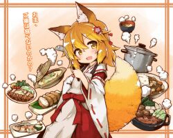 Rule 34 | 1girl, animal ear fluff, animal ears, brown eyes, brown hair, commentary request, cooking pot, curry, curry rice, fish, fish (food), food, food request, fox ears, fox girl, fox tail, hair ornament, hakama, hand on own hip, inarizushi, japanese clothes, kareya, ladle, long sleeves, meat, miko, miso soup, open mouth, plate, red hakama, rice, senko (sewayaki kitsune no senko-san), sewayaki kitsune no senko-san, shirt, short hair, smile, solo, steam, sushi, tail, translation request, vegetable, white shirt, white sleeves