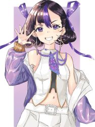 Rule 34 | 1girl, belt, black hair, breasts, coat, earrings, goddess of victory: nikke, gold earrings, grin, hair ribbon, hand up, highres, jewelry, kusayumi fez, light blush, looking at viewer, mole, mole under eye, multicolored hair, multicolored shirt, navel, necktie, off shoulder, open hand, purple coat, purple eyes, purple hair, purple necktie, ribbon, short hair, short necktie, skirt, small breasts, smile, solo, streaked hair, syuen (nikke), two-tone hair