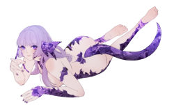 1girl ass au_ra warrior_of_light_(ff14) closed_mouth commentary completely_nude final_fantasy final_fantasy_xiv full_body highres horns long_hair looking_at_viewer lying lyra-kotto nail_polish nude on_stomach purple_eyes purple_hair purple_nails scales simple_background smile soles solo tail white_background