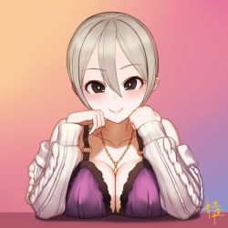 Rule 34 | 1girl, aran sweater, black eyes, blush, breasts, cable knit, cleavage, closed mouth, collarbone, covered erect nipples, grey hair, hair between eyes, idolmaster, idolmaster cinderella girls, jewelry, large breasts, lips, long sleeves, looking at viewer, necklace, off-shoulder sweater, off shoulder, qingmingtongzi, shiomi syuko, short hair, smile, solo, sweater, upper body, white sweater