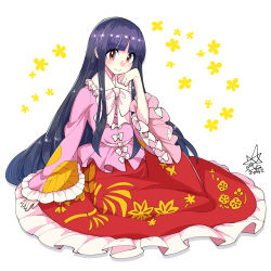 Rule 34 | 1girl, black hair, bow, bowtie, brown eyes, closed mouth, commentary, floral print, flower, frilled skirt, frilled sleeves, frills, full body, hand on own face, highres, hime cut, houraisan kaguya, japanese clothes, kimono, long hair, long skirt, long sleeves, looking at viewer, multiple bows, pink kimono, red skirt, signature, simple background, skirt, smile, solo, touhou, umigarasu (kitsune1963), very long hair, white background, white bow, white bowtie, wide sleeves, yellow flower