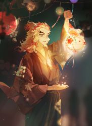 Rule 34 | 1boy, absurdres, arm up, black hakama, blonde hair, blurry, chinese commentary, commentary request, cowboy shot, depth of field, floral print, forked eyebrows, from side, hair pulled back, hakama, hakama skirt, haori, highres, holding, holding lantern, japanese clothes, kimetsu no yaiba, lantern, leaf, light particles, lilihehongcha, looking ahead, male focus, medium hair, multicolored hair, night, open mouth, orange hair, outdoors, paper lantern, rengoku kyoujurou, skirt, smile, solo, standing, streaked hair, summer festival, thick eyebrows, topknot, two-tone hair, wide sleeves, wind, yellow eyes