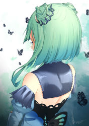 Rule 34 | 1girl, absurdres, black butterfly, blue dress, blue hair, bug, butterfly, commentary, crying, detached sleeves, double bun, dress, english commentary, facing away, from behind, gradient hair, green hair, hair bun, hair ornament, highres, hololive, insect, multicolored hair, short hair, signature, solo, tagcaat, upper body, uruha rushia, uruha rushia (1st costume), virtual youtuber