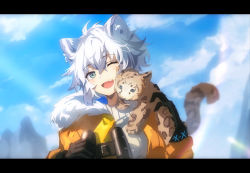 Rule 34 | 1girl, ;d, animal, animal ears, animal on shoulder, arknights, binoculars, black gloves, blue eyes, blue sky, chinese commentary, cliffheart (arknights), cliffheart (highlands visitor) (arknights), cloud, cloudy sky, coat, commentary, dadijiji, day, fang, fur-trimmed coat, fur trim, gloves, hair between eyes, highres, holding, holding binoculars, leopard ears, leopard tail, letterboxed, looking at viewer, official alternate costume, one eye closed, open mouth, orange coat, outdoors, short hair, silver hair, sky, smile, solo, sweater, tail, upper body, white sweater, winter clothes