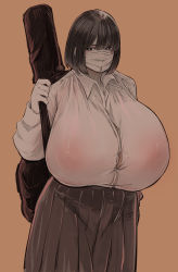 Rule 34 | 1girl, absurdres, black eyes, black hair, bob cut, breasts, brown background, buttons, character request, chichi8181, commentary request, copyright request, covered erect nipples, cowboy shot, gigantic breasts, hair between eyes, highres, huge breasts, large areolae, long sleeves, looking at viewer, mask, monochrome, mouth mask, nipples, pleated skirt, see-through, see-through shirt, shirt, short hair, simple background, skirt, solo, standing, surgical mask, taut clothes, taut shirt, white shirt