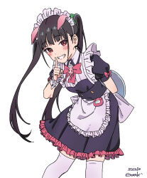 Rule 34 | 1girl, acuttle, akiba maid sensou, animal ears, black dress, black hair, bow, dated, dress, fake animal ears, frilled dress, frills, grin, highres, holding, holding tray, index finger raised, leaning forward, long hair, maid, maid headdress, pig ears, pink bow, short sleeves, simple background, smile, thighhighs, tray, twintails, uniform, white background, white thighhighs, wrist cuffs, yumechi (akiba maid sensou)
