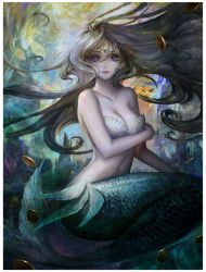 Rule 34 | 1girl, blue eyes, breasts, brown hair, coin, collarbone, covering privates, covering breasts, fish, floating hair, full body, jewelry, large breasts, long hair, looking at viewer, mermaid, monster girl, navel, nguy thuy ngan, no pupils, original, scales, shell bikini, sitting, solo, underwater, very long hair