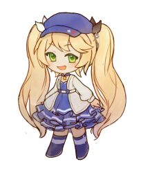 Rule 34 | 1girl, blonde hair, blue dress, blue hat, boots, chibi, dokibird (vtuber), dress, feik art, green eyes, grey jacket, hat, indie virtual youtuber, jacket, long hair, long sleeves, open clothes, open jacket, simple background, solo, very long hair, virtual youtuber, white background