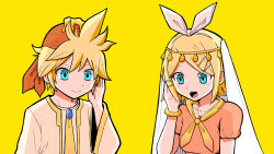 Rule 34 | blonde hair, bracelet, brother and sister, collarbone, commentary request, cosmospice (vocaloid), hair ornament, highres, jacket, jewelry, kagamine len, kagamine rin, midriff, neckerchief, necklace, necktie, official art, open clothes, open jacket, open mouth, original, pinocchio-p, siblings, simple background, traditional clothes, turban, twins, veil, vocaloid, yellow background, yellow neckerchief, yellow necktie, yellow theme