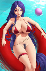 Rule 34 | 1girl, ball, bare shoulders, belly chain, bikini, blush, bottomless, bracelet, breasts, cleavage, collarbone, fate/grand order, fate (series), female pubic hair, highres, innertube, jewelry, large breasts, long hair, looking at viewer, minamoto no raikou (fate), nail polish, navel, parted bangs, parted lips, pubic hair, purple eyes, purple hair, red bikini, swim ring, swimsuit, thigh strap, thighs, very long hair, water, zaphn