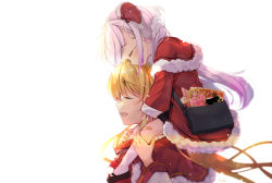 Rule 34 | .live, 2girls, :d, bag, black shorts, blonde hair, capelet, carro pino, carrying, christmas, closed eyes, commentary, dress, english commentary, fur-trimmed capelet, fur-trimmed dress, fur-trimmed headwear, fur trim, gradient hair, hat, kongou iroha, long hair, long sleeves, mini hat, mini santa hat, multicolored hair, multiple girls, official art, open mouth, profile, purple hair, red capelet, red dress, red headwear, santa hat, short shorts, shorts, shoulder bag, shoulder carry, silver hair, simple background, sleeping, smile, suihi, tilted headwear, very long hair, virtual youtuber, white background
