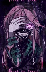 Rule 34 | 10s, 1girl, blood, blood stain, colored eyelashes, covering one eye, english text, fox mask, glowing, glowing eye, halloween, hata no kokoro, long hair, long sleeves, looking at viewer, mask, maturiuta sorato, noh mask, pink eyes, pink hair, plaid, plaid shirt, shirt, solo, string, teeth, text focus, tokyo ghoul, touhou, trick or treat, upper body
