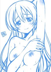 Rule 34 | 10s, 1girl, arm behind head, blue theme, blush, body blush, breasts, collarbone, completely nude, covering privates, embarrassed, kamogawa tanuki, lips, long hair, love live!, love live! school idol project, monochrome, nipples, nude, signature, sketch, solo, sonoda umi, sweat, upper body