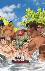 Rule 34 | 6+boys, :&lt;, ^ ^, bara, beard, beard stubble, belly, blush, brown hair, chest hair, closed eyes, covering crotch, covering privates, dango, dark-skinned male, dark skin, drunken night (unspoken), eating, facial hair, food, from below, grey hair, hairy, highres, in-franchise crossover, jang (unspoken), just do sex (unspoken), large pectorals, looking at another, male focus, mature male, multiple boys, muscular, muscular male, nipples, nude cover, old, old man, onsen, partially submerged, pectorals, same-sex bathing, shared bathing, shin taeho (unspoken), short hair, sideburns stubble, sideways mouth, smirk, spark in the ashes (unspoken), stubble, thick eyebrows, u u, unspoken (firebreath110), upper body, wagashi, wavy mouth, wet, yaoi, yuminaga (meitantei conan)