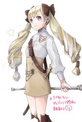 Rule 34 | 1girl, black bow, blonde hair, bow, closed mouth, elise (fire emblem), fire emblem, fire emblem: three houses, fire emblem fates, garreg mach monastery uniform, hair bow, holding, holding staff, long hair, long sleeves, multicolored hair, nintendo, official alternate costume, purple eyes, purple hair, robaco, simple background, smile, solo, staff, thighs, twintails, uniform, white background