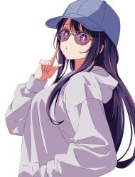 Rule 34 | 1girl, baseball cap, bespectacled, blue hat, breasts, censored, commentary request, glasses, hand in pocket, hat, highres, hood, hoodie, hoshino ai (oshi no ko), index finger raised, kusana (kusana47454281), long hair, long sleeves, looking at viewer, medium breasts, mosaic censoring, multicolored hair, oshi no ko, parted lips, pink hair, puffy sleeves, purple-tinted eyewear, purple eyes, sidelocks, simple background, solo, star-shaped pupils, star (symbol), streaked hair, symbol-shaped pupils, tinted eyewear, upper body, white background, white hoodie