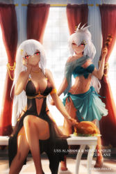 Rule 34 | 2girls, absurdres, alabama (azur lane), alternate costume, alternate hairstyle, artist name, azur lane, bare shoulders, black dress, body markings, breasts, center opening, character name, cleavage, cocktail glass, cup, dark-skinned female, dark skin, dress, drinking glass, evening gown, facial mark, food, hair down, hair ornament, hand on own cheek, hand on own face, high heels, highres, holding, holding food, indoors, kebab, large breasts, long hair, looking at viewer, minneapolis (azur lane), multiple girls, native american, navel, red eyes, rideth mochi, skewer, sleeveless, sleeveless dress, white dress, white footwear