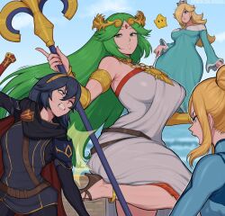 abs afrobull alternate_breast_size battle blonde_hair blue_eyes breasts clenched_teeth commentary crossover english_commentary fighting fire_emblem fire_emblem_awakening highres huge_breasts kid_icarus kid_icarus_uprising large_breasts long_hair lucina_(fire_emblem) mario_(series) metroid multiple_girls nintendo palutena rosalina samus_aran small_breasts smile super_mario_galaxy super_smash_bros. teeth