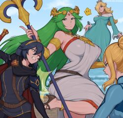 Rule 34 | abs, afrobull, alternate breast size, battle, blonde hair, blue eyes, breasts, clenched teeth, commentary, crossover, english commentary, fighting, fire emblem, fire emblem awakening, highres, huge breasts, kid icarus, kid icarus uprising, large breasts, long hair, lucina (fire emblem), mario (series), metroid, multiple girls, nintendo, palutena, rosalina, samus aran, small breasts, smile, super mario galaxy, super smash bros., teeth