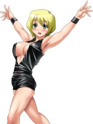 Rule 34 | 1girl, armpits, arms up, ass, blonde hair, blush, bracelet, breasts, cleavage, cosplay, covered erect nipples, crossdressing, crossover, erstin ho, green eyes, hard gay, hard gay (cosplay), jewelry, large breasts, my-otome, nipples, outstretched arms, parody, sanshita, short hair, simple background, skindentation, solo, white background