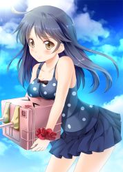 Rule 34 | 10s, 1girl, ahoge, black hair, blue one-piece swimsuit, breast rest, breasts, cowboy shot, day, gradient background, izumi akane, kantai collection, long hair, md5 mismatch, miniskirt, one-piece swimsuit, outdoors, parted bangs, polka dot, polka dot swimsuit, scrunchie, skirt, smile, solo, standing, swimsuit, swimsuit under clothes, turret, ushio (kancolle), wrist scrunchie