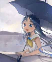 Rule 34 | 1girl, ahoge, alternate costume, blue hair, blue umbrella, blush, cloud, cloudy sky, commentary request, highres, holding, holding umbrella, kantai collection, long hair, looking at viewer, natsuko (summer 525528), open mouth, samidare (kancolle), sketch, sky, smile, solo, umbrella, upper body, water drop