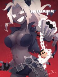 Rule 34 | 1boy, 1girl, belt, black shorts, black tail, breasts, chain, clawed gauntlets, claws, colored skin, copyright name, dark-skinned female, dark skin, demon girl, demon tail, frown, gauntlets, grey skin, grin, helltaker, helltaker (character), highres, horns, judgement (helltaker), large breasts, long hair, noah (tettsui-sole), red background, shorts, signature, simple background, smile, sunglasses, sweat, tail, white eyes, white hair