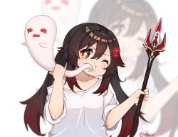 Rule 34 | 1girl, aged down, black hair, collarbone, commentary request, flower, genshin impact, ghost, hair between eyes, hair flower, hair ornament, highres, holding, holding polearm, holding spear, holding weapon, hu tao (genshin impact), ldd.ek, long hair, looking at another, orange eyes, oversized clothes, polearm, shirt, short sleeves, sidelocks, simple background, spear, symbol-shaped pupils, tears, twintails, weapon, white shirt, zoom layer