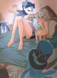 Rule 34 | 1girl, ahoge, bare arms, bare legs, bare shoulders, barefoot, bed, blue hair, blush, book, boyshort panties, camisole, commentary, drop-shaped pupils, english commentary, expressive hair, eyelashes, familiar, food, full body, furina (genshin impact), genshin impact, gentilhomme usher, hair between eyes, hair intakes, heterochromia, highres, holding, holding book, huge ahoge, indoors, kiegenshin, knees together feet apart, knees up, light blue hair, lightning ahoge, looking at object, lying, mademoiselle crabaletta, medium hair, mismatched pupils, multicolored hair, nail polish, nose blush, on back, on bed, open book, open mouth, pillow, popcorn, reading, streaked hair, surintendante chevalmarin, symbol-shaped pupils, toenails, toes, underwear, underwear only, wide-eyed