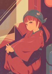 Rule 34 | 1girl, bandana, blue bandana, brown eyes, chain, commentary request, japanese clothes, kimono, long hair, long sleeves, looking at viewer, mole, mole under eye, original, ponytail, red hair, red kimono, sitting, smile, solo, tomamatto, wide sleeves