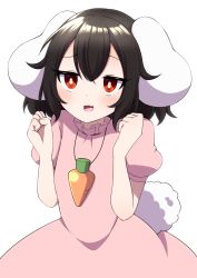 Rule 34 | 1girl, animal ears, arms up, black hair, blush, bright pupils, carrot necklace, clenched hands, commentary request, cowboy shot, dress, fang, hair between eyes, highres, inaba tewi, looking at viewer, necklace, open mouth, pink dress, puffy short sleeves, puffy sleeves, rabbit ears, rabbit girl, rabbit tail, red eyes, short hair, short sleeves, simple background, skin fang, solo, standing, tail, touhou, tsukimirin, white background, white pupils