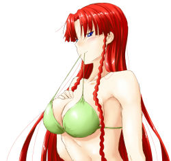 Rule 34 | 1girl, bikini, bikini top only, blue eyes, blush, braid, breasts, cleavage, female focus, hong meiling, large breasts, long hair, mouth hold, niwatazumi, red hair, sketch, smile, solo, swimsuit, touhou, twin braids