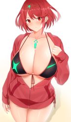 Rule 34 | 1girl, arind yudha, bikini, black bikini, blush, breasts, cleavage, closed mouth, collarbone, cowboy shot, gradient background, hair ornament, highres, jacket, large breasts, long sleeves, looking at viewer, partially unzipped, pyra (xenoblade), red eyes, red hair, red jacket, short hair, simple background, solo, swimsuit, thighs, xenoblade chronicles (series), xenoblade chronicles 2